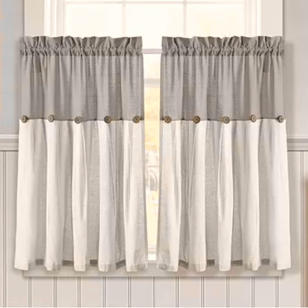 NWT Lush Decor, Linen Button Farmhouse Tier Curtain Set, Taupe and White